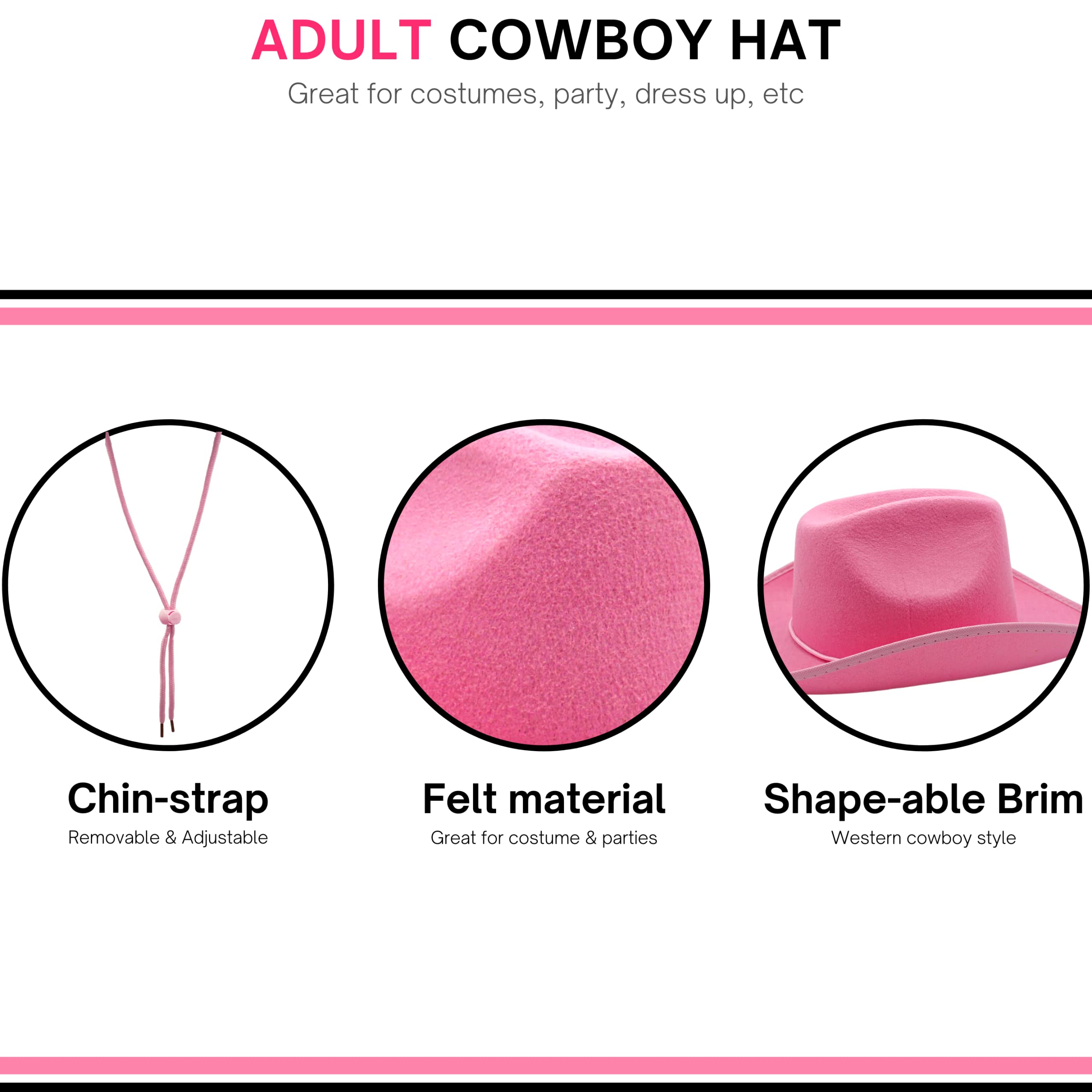 4E's Novelty Cowboy Hat for Women & Men, Felt Cowgirl Hat for Adults, Western Party Dress Up Accessories (Pink)