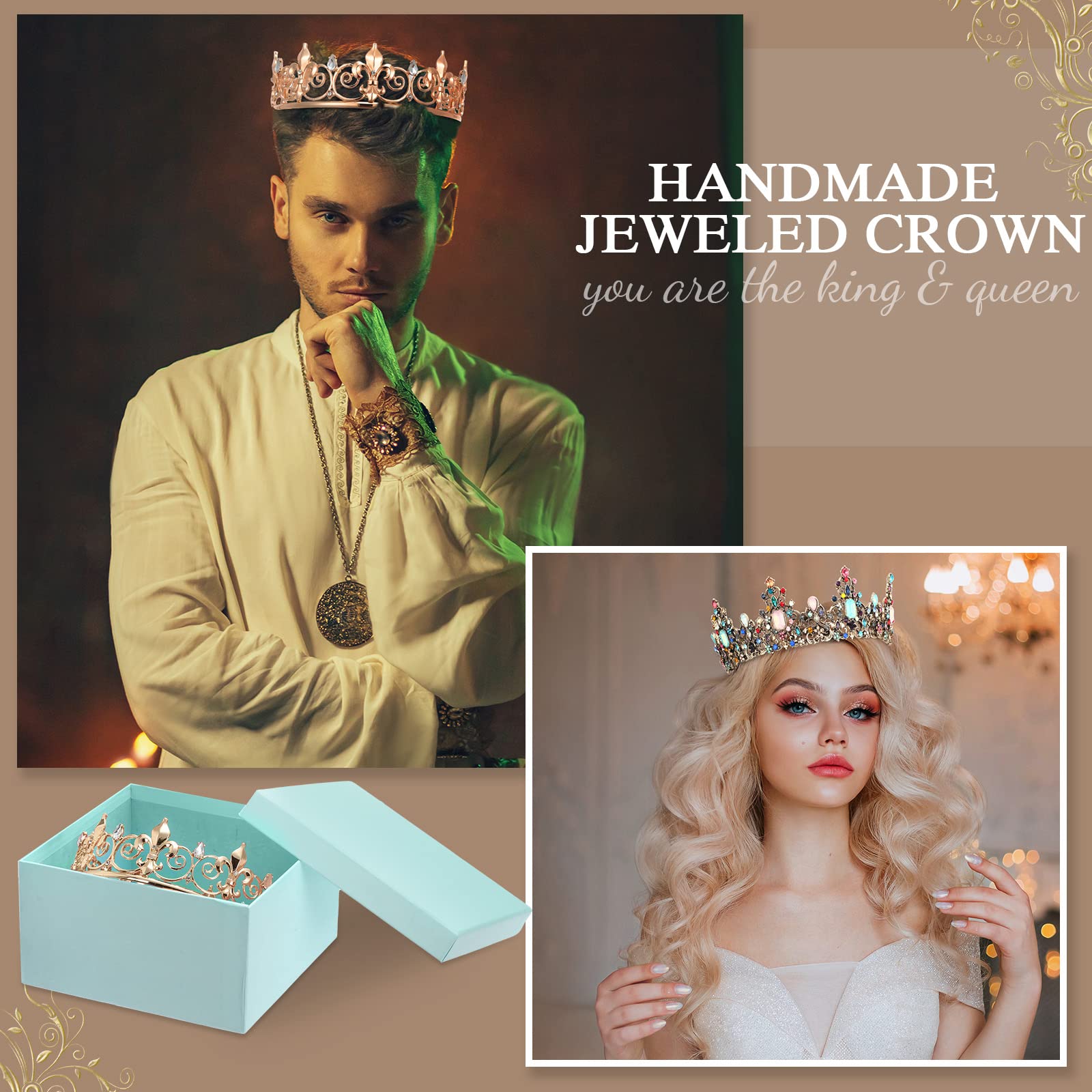 MTLEE 2 Pcs Prom King and Queen Crowns King Crowns for Men Royal Crown with Blue Rhinestone Queen Crowns for Women Halloween Wedding Birthday Graduation(Stylish Style)