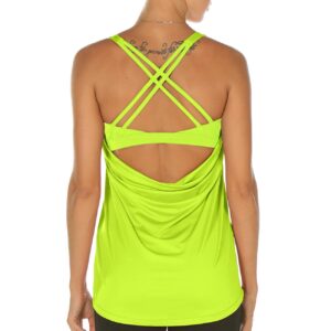 icyzone Workout Tank Tops Built in Bra - Women's Strappy Athletic Yoga Tops, Exercise Running Gym Shirts (Neon Yellow, XL)