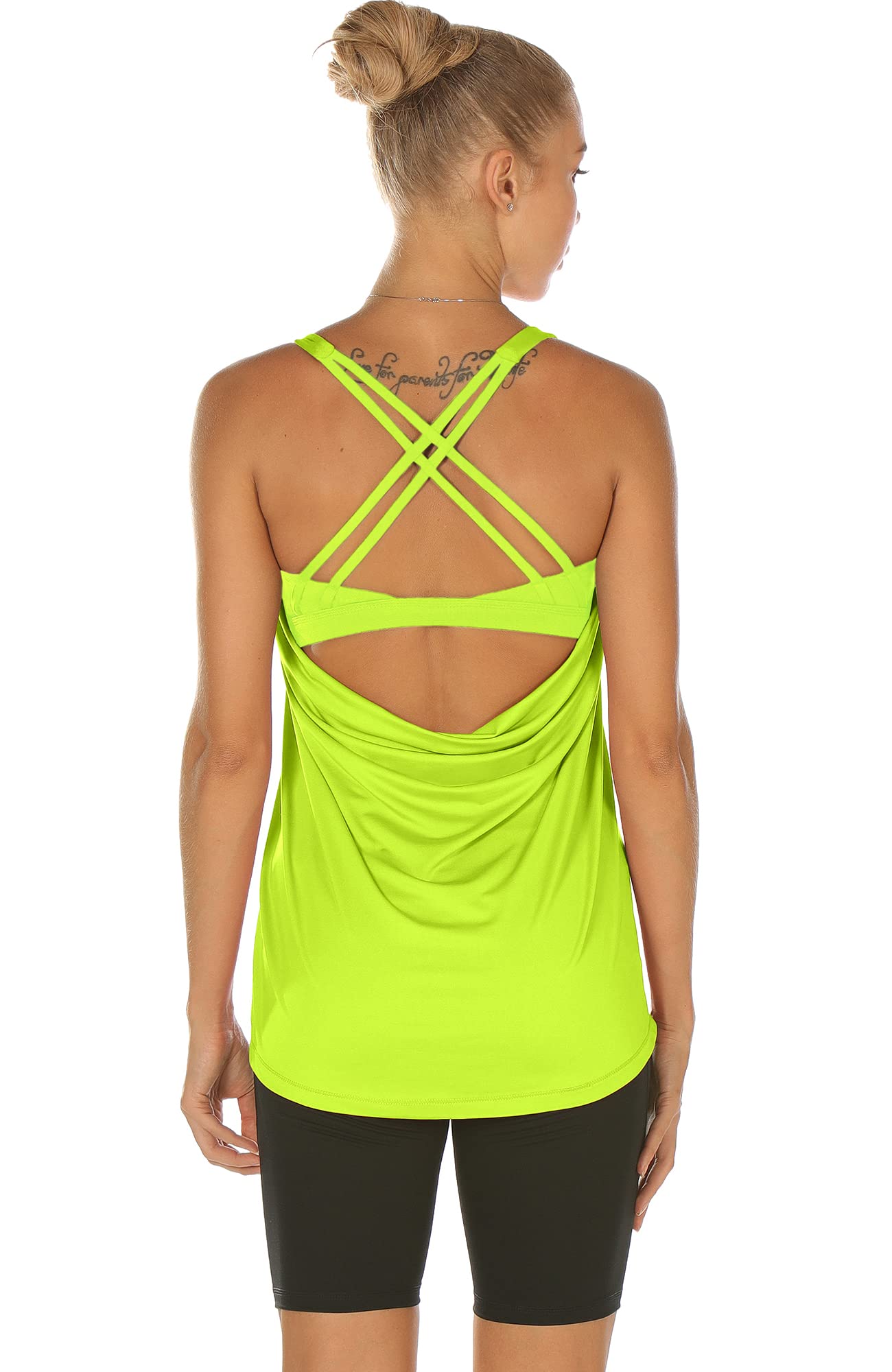 icyzone Workout Tank Tops Built in Bra - Women's Strappy Athletic Yoga Tops, Exercise Running Gym Shirts (Neon Yellow, XL)