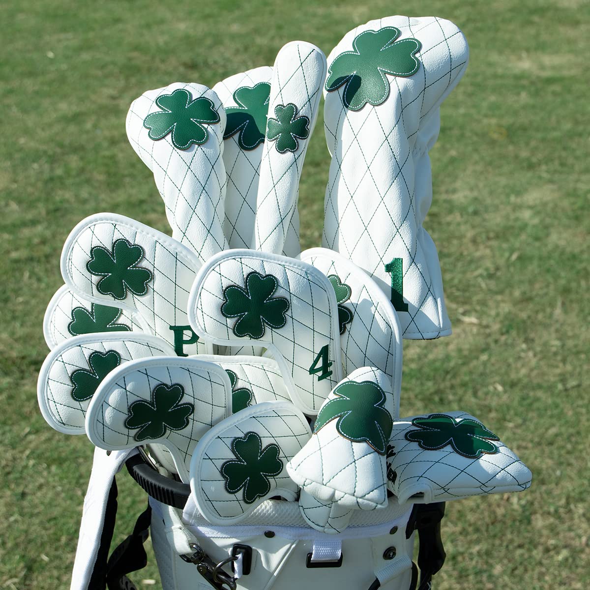 Golf Headcovers Golf Driver Fairway Hybrid Head Cover Golf Blade Mallet Putter Cover Lucky Clover Cross Pattern Premium Leather Driver Fairway(FW) Wood Hybrid(UT) with Number Tags