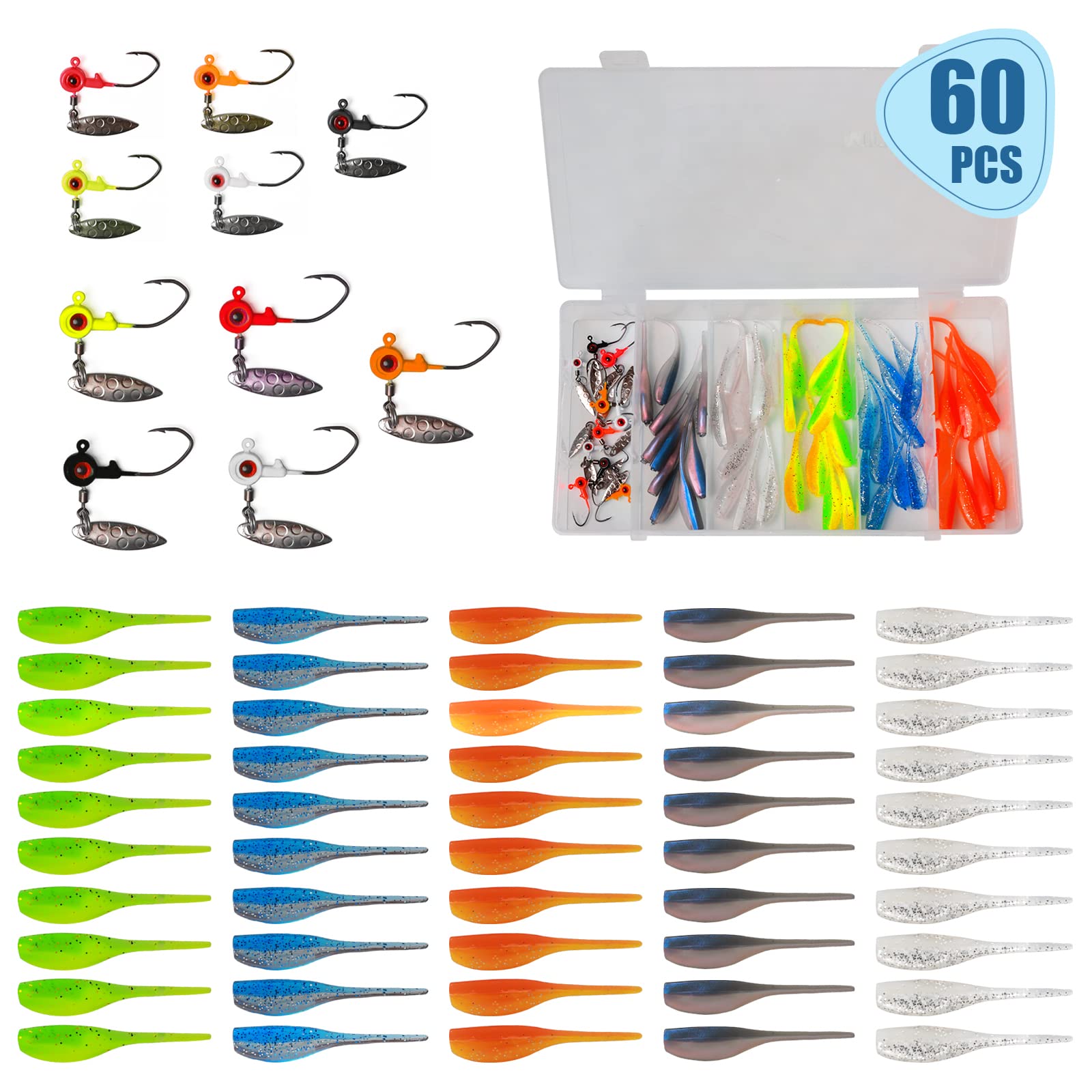 MITOBASS Crappie Lures 60Pcs Kit - 50 Small Shad, 10 Jig Heads for Crappie Fishing Lures