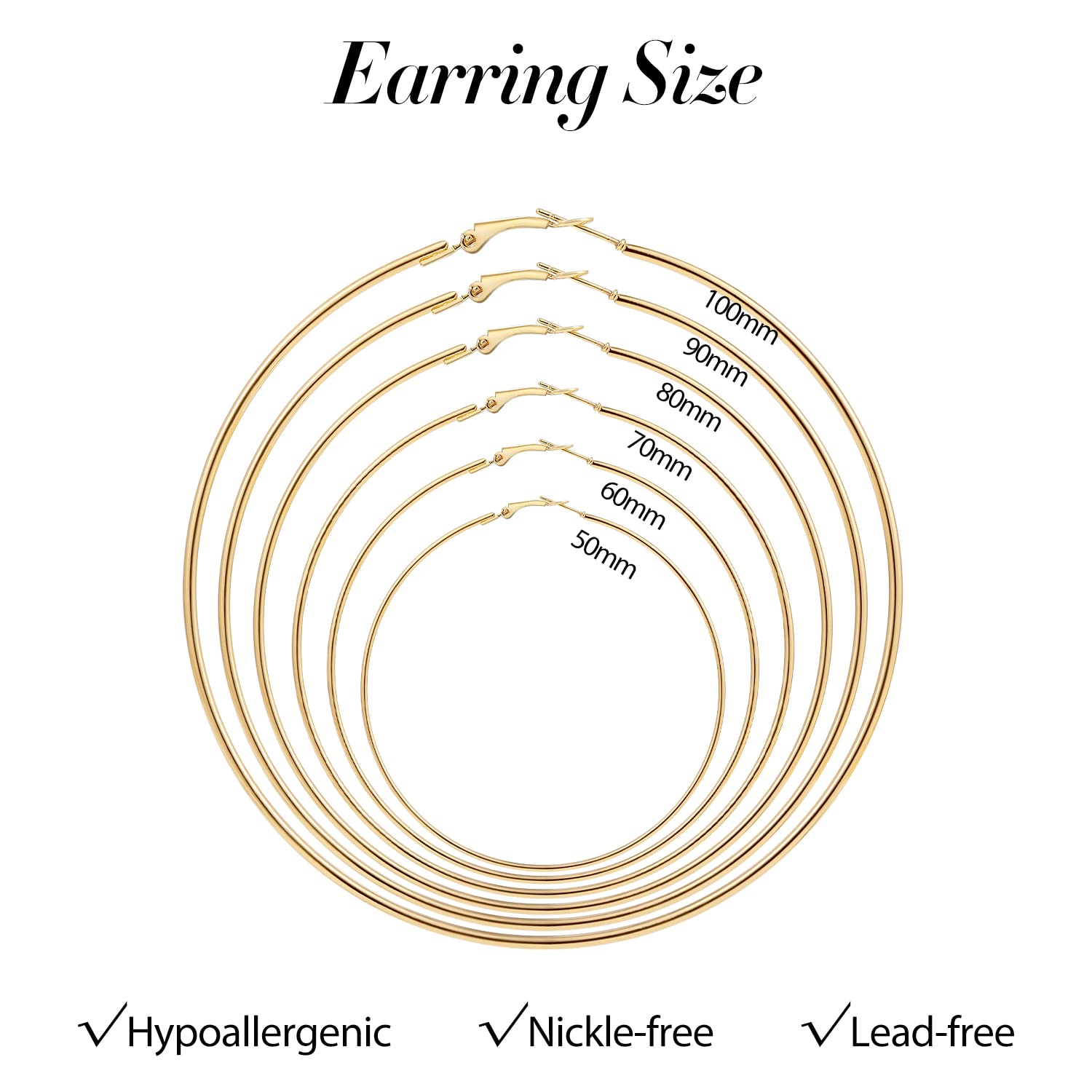 Sloong 6 pairs Big Hoop Earrings Set, Gold Stainless Steel Hoop Earrings Huge Giant Hoop Earrings Set Oversized Hoop Earrings 90s Earrings for Women (50/60/70/80/90/100mm)