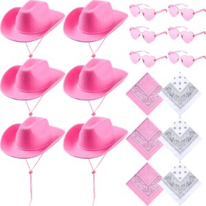 coume 18 pcs cowboy hat with heart sunglasses and paisley bandanas western cowgirl hat for halloween cosplay costume(pink, white,simple style)