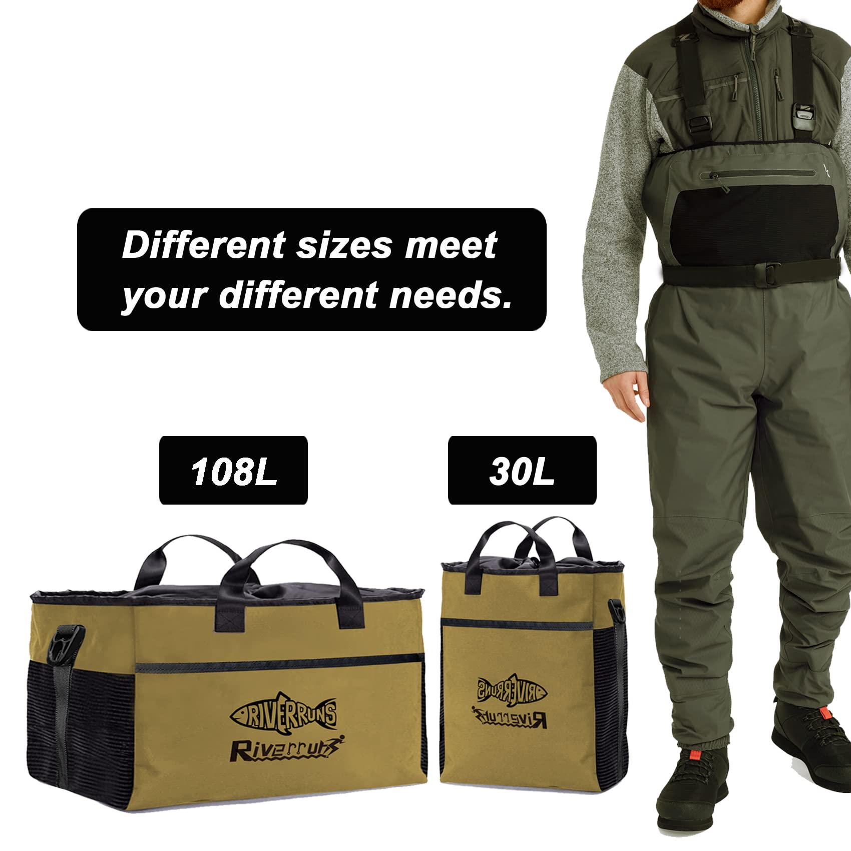 Riverruns Fishing Hunting Wader Bag with Vented Mesh, Waders Boots Bag, Fly Fishing Storage Bag for Fishing, Hiking, Camping (Khaki, XLarge 108L)