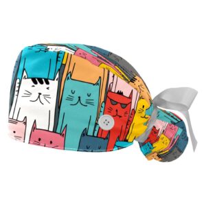 Cute Colorful Cartoon Cat Heads Pattern Working Caps with Buttons, Long Hair Scrub Hats Ponytail Holder for Women