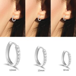 3Pairs Small Silver Hoop Earrings 925 Sterling Silver Post Hoop Earrings for Women 14K Gold Plated Cubic Zirconia Huggie Hoop Tiny Cartilage Ear Jewelry for Women Huggie Earrings for Men Hypoallergenic Earrings8/10/12mm (CZ Silver (CZ Silver 8mm,10mm,12mm