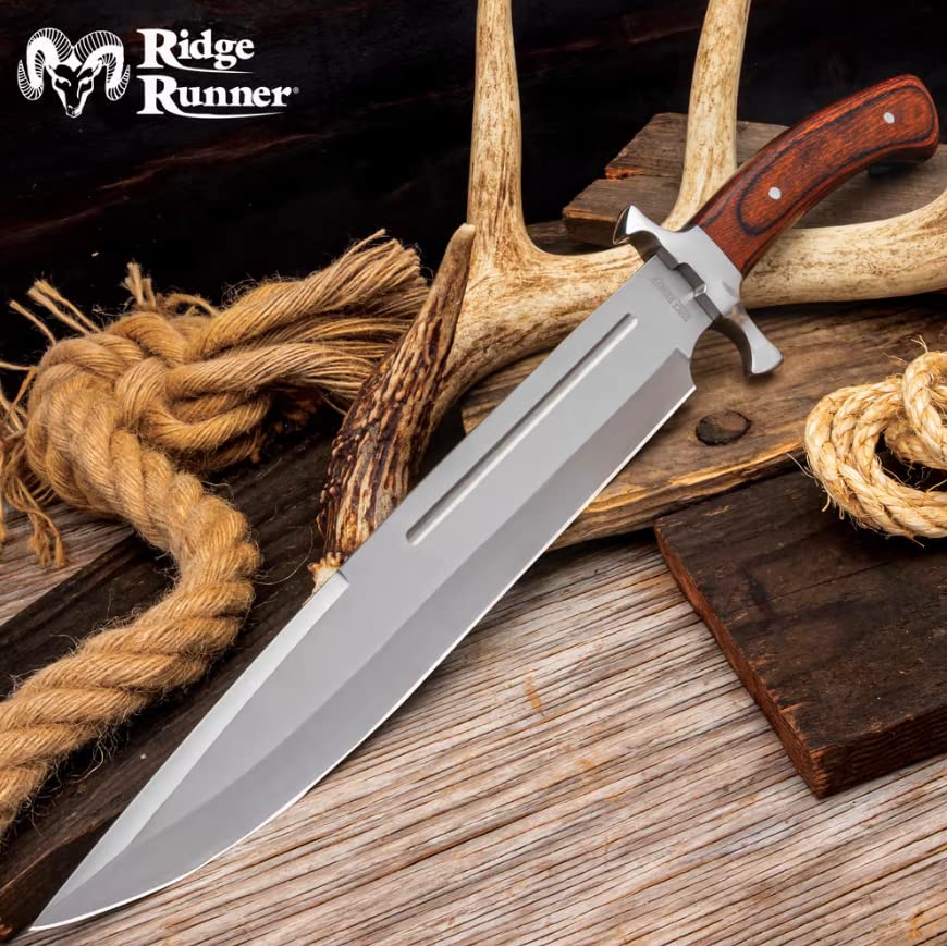 RIDGE RUNNER Denali Ridge Toothpick Knife and Sheath - Full-Tang Stainless Steel Blade, Wooden Handle Scales, Stainless Steel Pins- Classic Knife Design to Tackle the Wilderness - 17 1/2” Overall