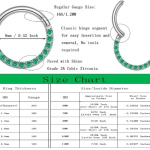 Showself 16G Septum Rings Septum Clicker Green Cubic Zirconia Septum Jewelry Surgical Steel 16 Gauge Daith Hoop Earrings Daith Piercing Jewelry (8mm)