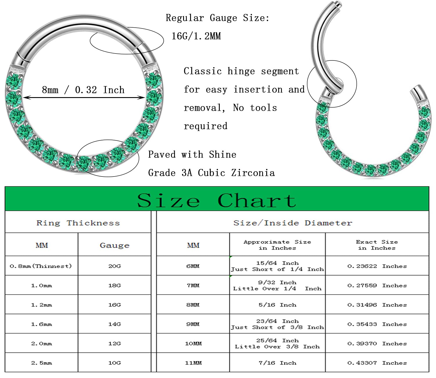 Showself 16G Septum Rings Septum Clicker Green Cubic Zirconia Septum Jewelry Surgical Steel 16 Gauge Daith Hoop Earrings Daith Piercing Jewelry (8mm)