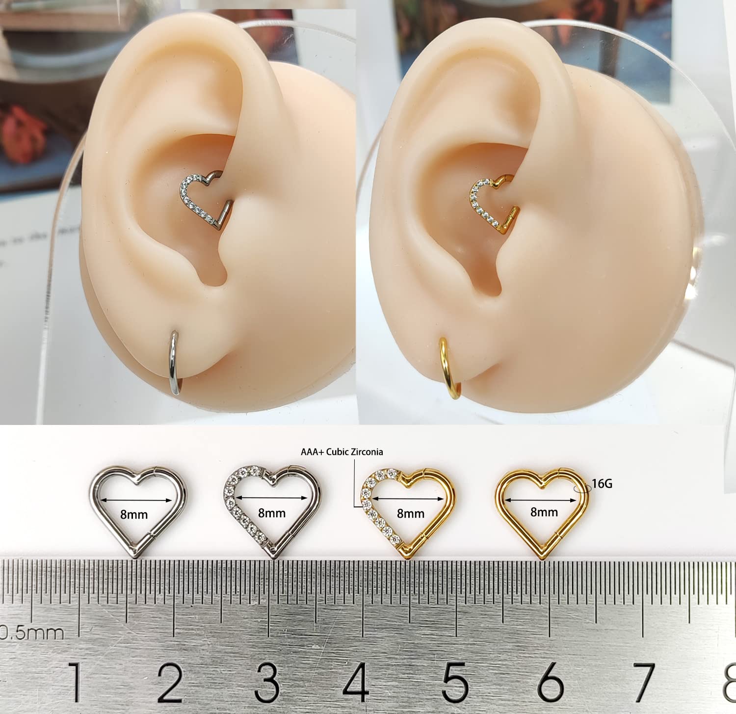 MeiziQL 16G G23 Titanium Daith Piercing Jewelry CZ Heart Daith Cartilage Earrings Tragus Helix Piercing Hoop Hypoallergenic Nose Piercing Jewelry for Women Men (CZ Heart-Goldr-8mm)