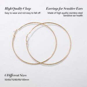 Sloong 6 pairs Big Hoop Earrings Set, Gold Stainless Steel Hoop Earrings Huge Giant Hoop Earrings Set Oversized Hoop Earrings 90s Earrings for Women (50/60/70/80/90/100mm)