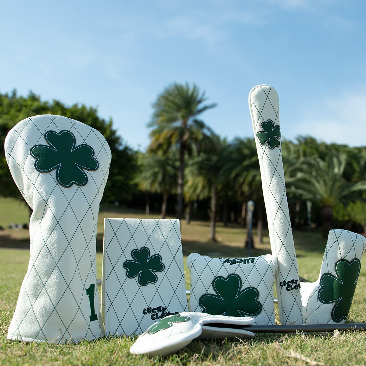 Golf Headcovers Golf Driver Fairway Hybrid Head Cover Golf Blade Mallet Putter Cover Lucky Clover Cross Pattern Premium Leather Driver Fairway(FW) Wood Hybrid(UT) with Number Tags