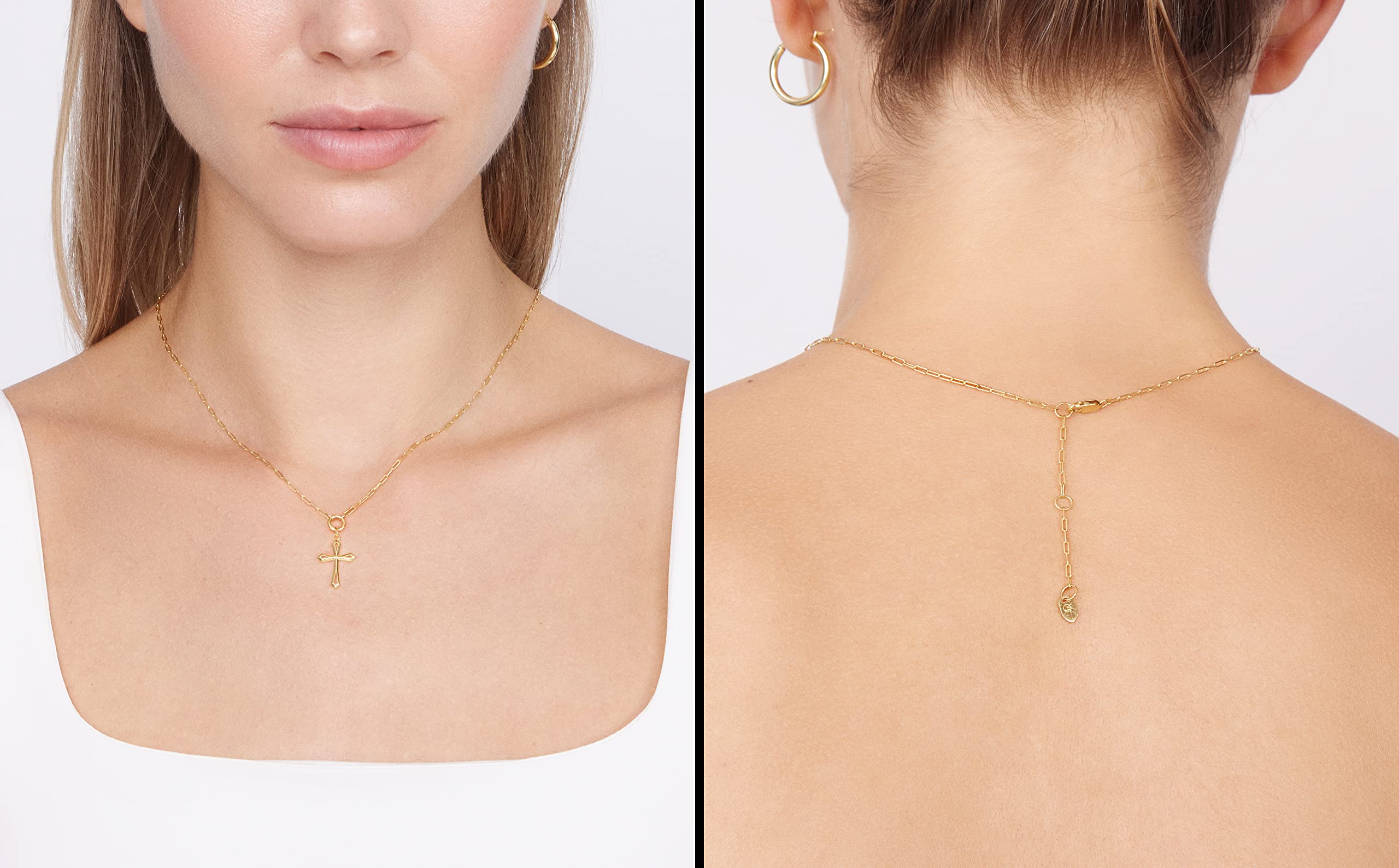 Jewelry Atelier Gold Filled Cross Necklaces – 14K Yellow Gold Filled Cross Pendant with Solid Clip Chain for Women and Men (Different Sizes and Styles with Extension/Adjustable Chain) (12.5mm width)