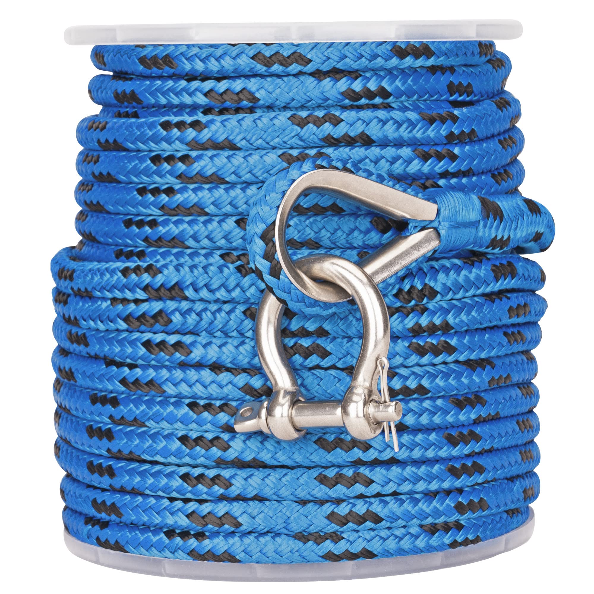 MARINE SYSTEM Made 3/8 Inch 100FT 150FT Blue/Black Nylon Anchor Line Double Braided Anchor Rope/Line with Stainless Steel Thimble and Shackle (3/8" x 100')