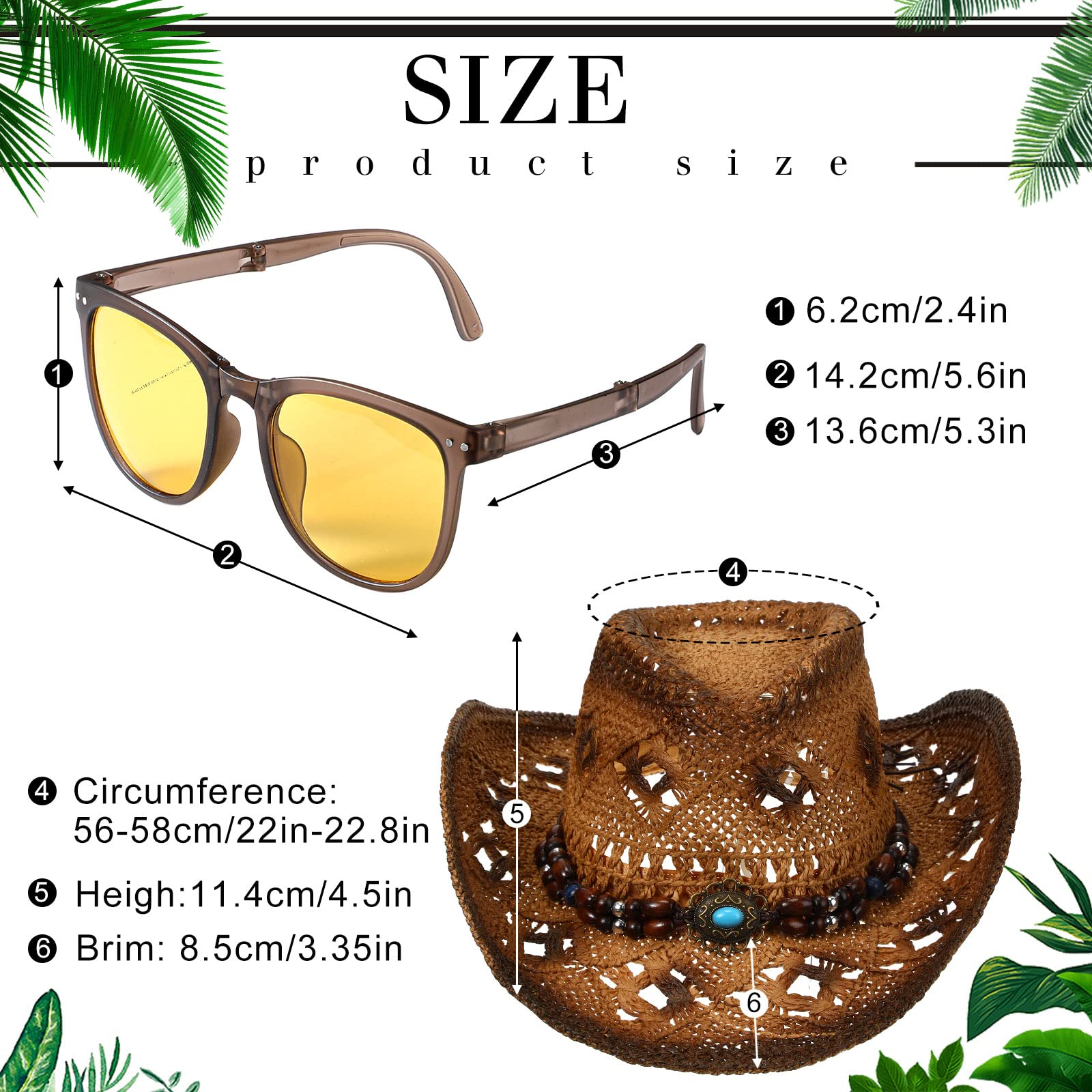 Zhanmai Men Women's Woven Straw Cowboy Cowgirl Hat with Foldable Sunglasses Wide Brim Western Straw Hat Cowboy Costume Accessories(Dark Brown)