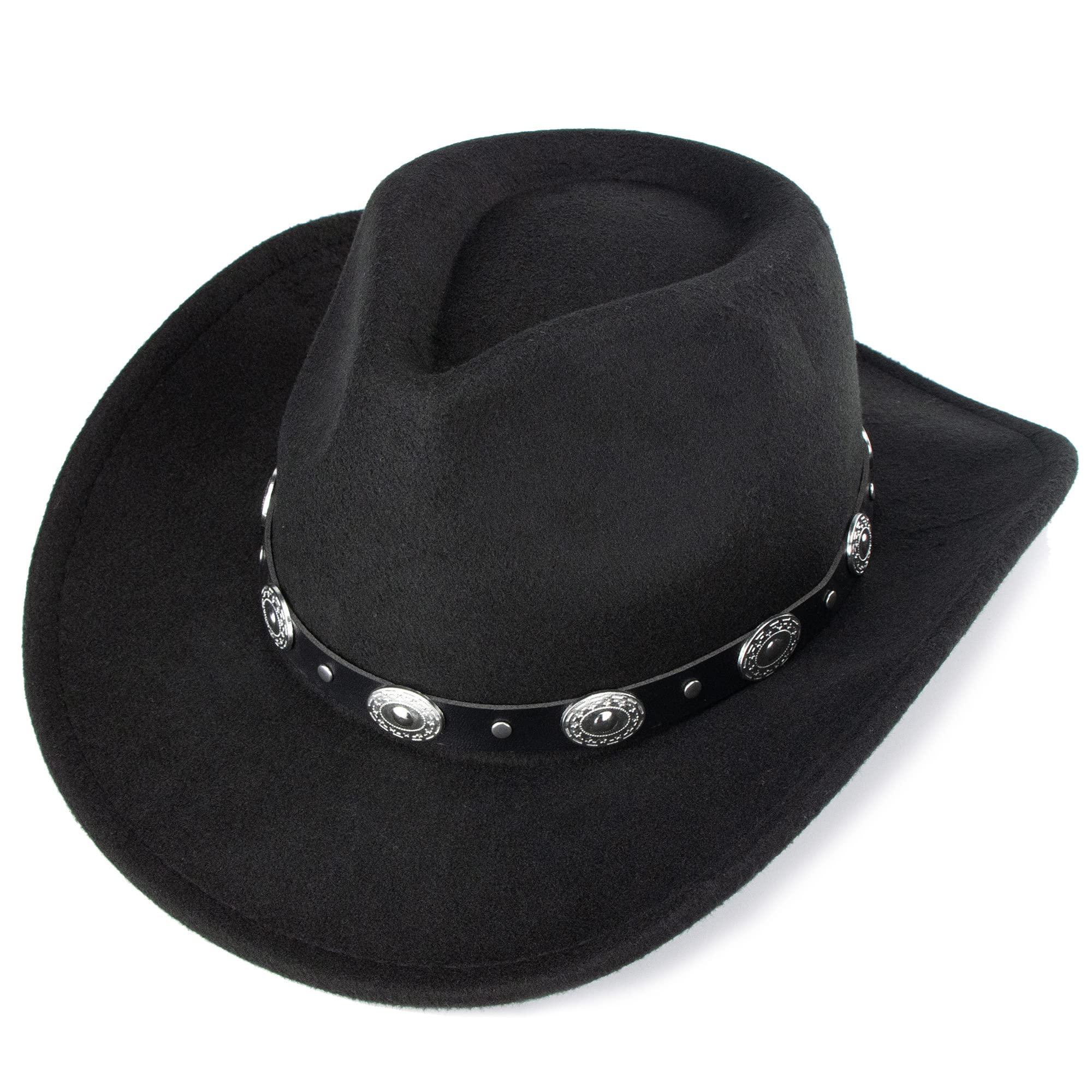 Women & Men Felt Western Cowboy Hat Classic Roll Up Brim Belt Buckle Cowgirl Fedora (M-L)