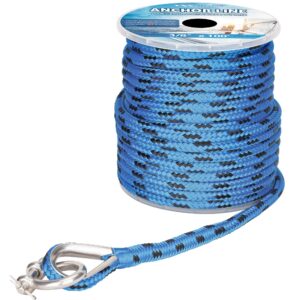 marine system made 3/8 inch 100ft 150ft blue/black nylon anchor line double braided anchor rope/line with stainless steel thimble and shackle (3/8" x 100')