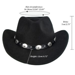 Women & Men Felt Western Cowboy Hat Classic Roll Up Brim Belt Buckle Cowgirl Fedora (M-L)