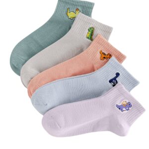 Verdusa Women's 5 Pairs Cute Embriodery Toe seamed Soft Crew Socks 5 Packs Dinosaur A one-size