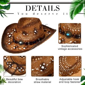 Zhanmai Men Women's Woven Straw Cowboy Cowgirl Hat with Foldable Sunglasses Wide Brim Western Straw Hat Cowboy Costume Accessories(Dark Brown)