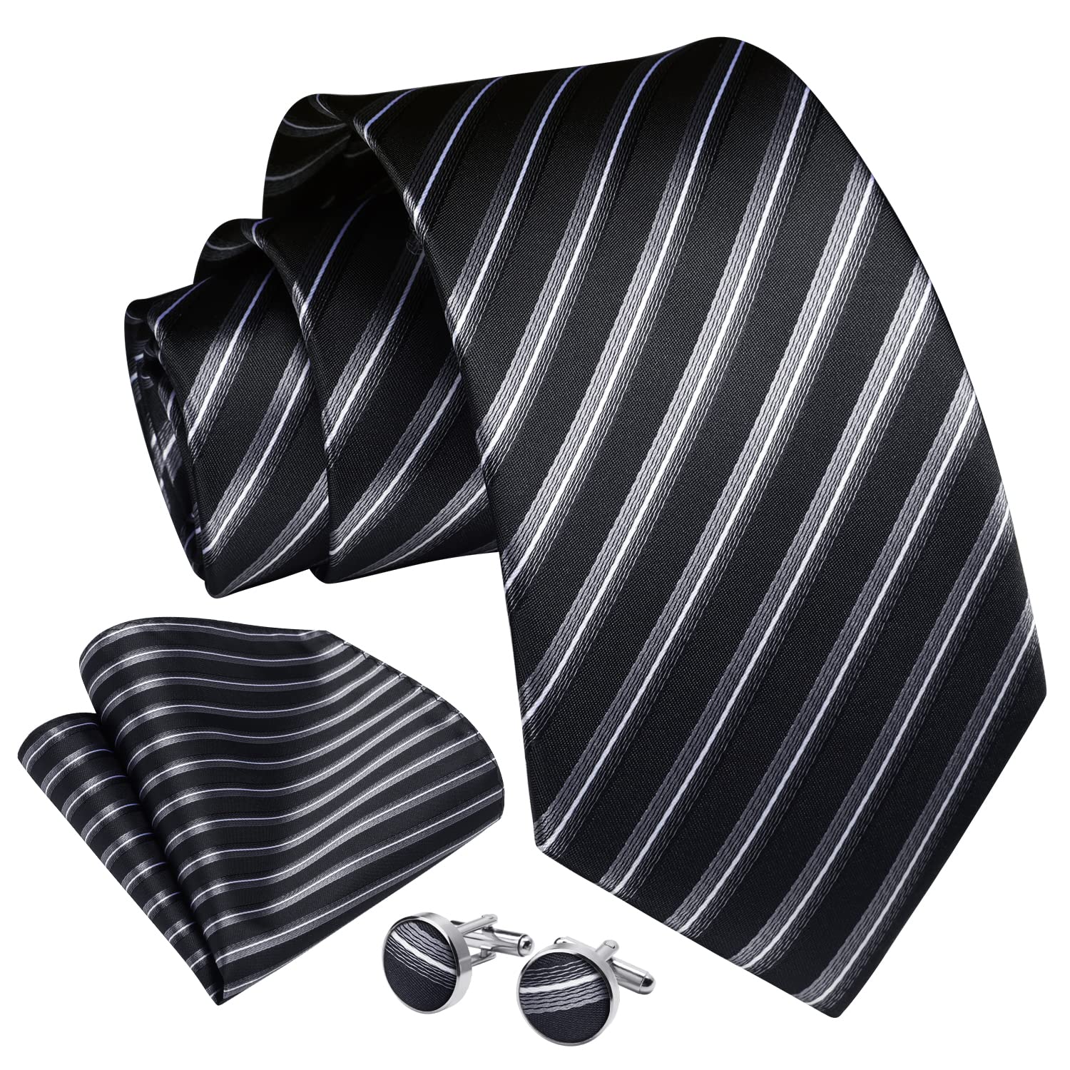 Enlision Black White Ties Stripe Mens Ties and Pocket Square Set Classic Silk Woven Neckties Handkerchief Cufflinks Formal Business Wedding Necktie Gift Box