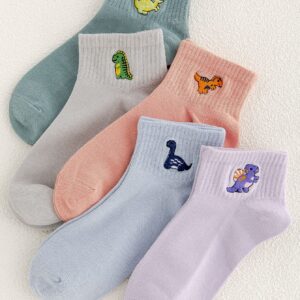 Verdusa Women's 5 Pairs Cute Embriodery Toe seamed Soft Crew Socks 5 Packs Dinosaur A one-size