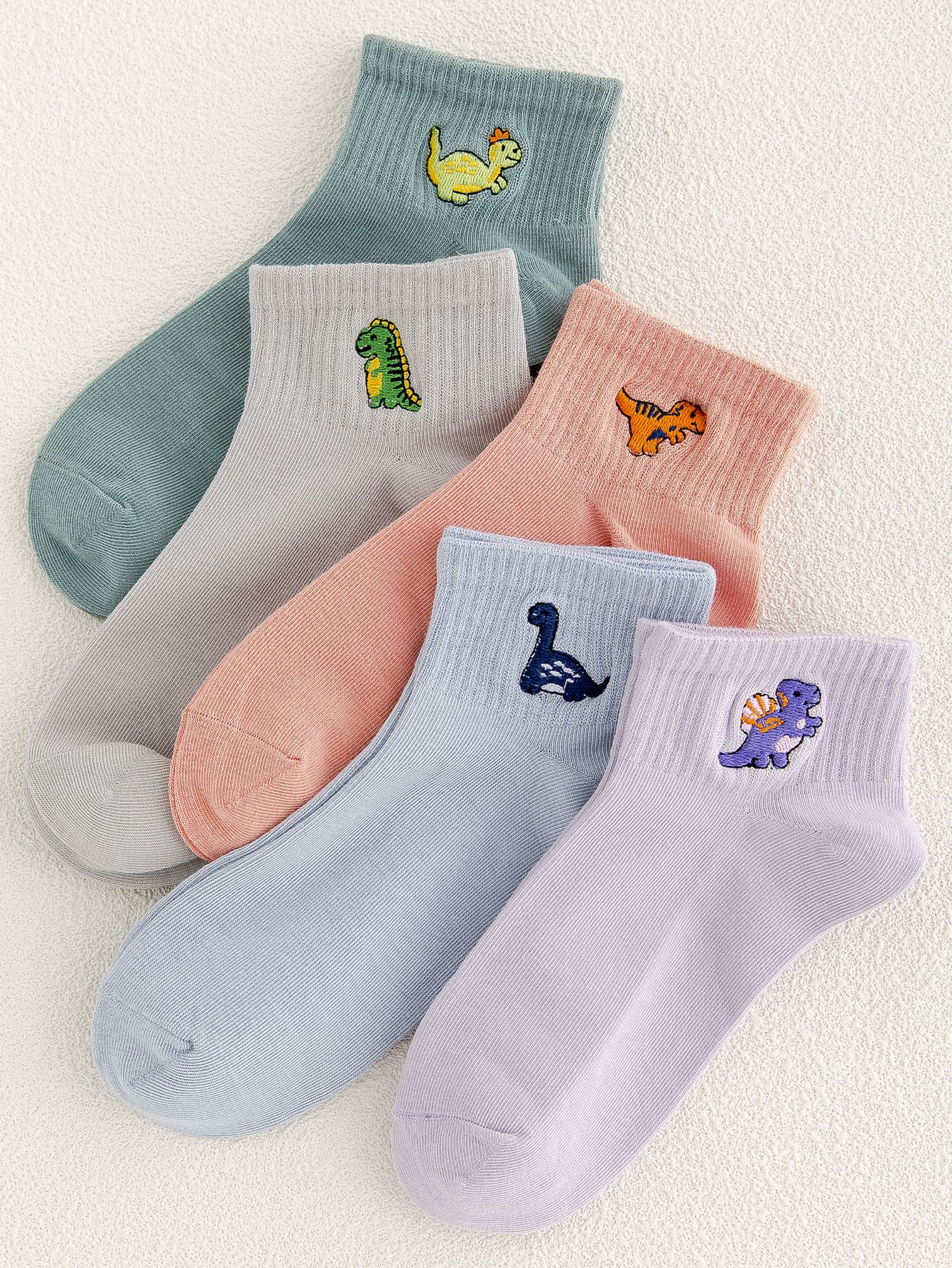 Verdusa Women's 5 Pairs Cute Embriodery Toe seamed Soft Crew Socks 5 Packs Dinosaur A one-size