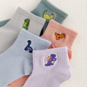 Verdusa Women's 5 Pairs Cute Embriodery Toe seamed Soft Crew Socks 5 Packs Dinosaur A one-size