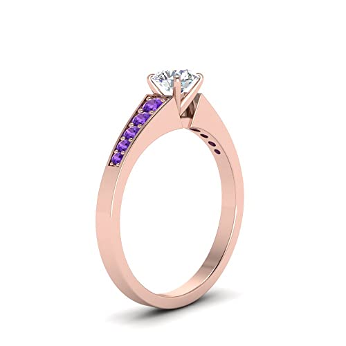 Gemsonclick Graduated Diamond Ring rose gold plated Natural Amethyst Round shape purple color Side Stone Engagement Rings prong Setting in Size 9 Party Wear Daily Wear Ornament