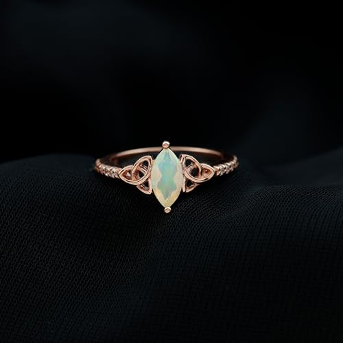 Natural Opal Diamond Celtic Knot Ring, AAA Quality, 4X8 MM Marquise Shape Opal Promise Ring - Ready To Gift, 14K Rose Gold, Size:US 7.00