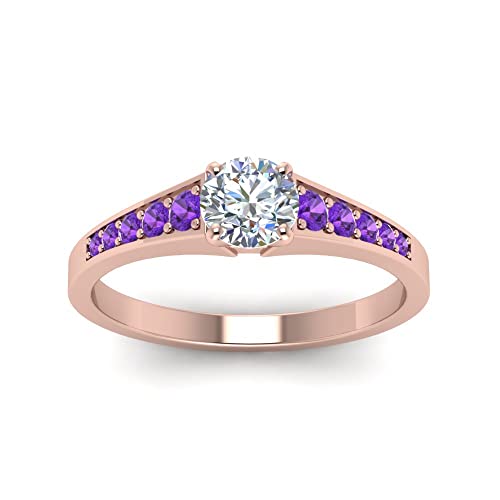 Gemsonclick Graduated Diamond Ring rose gold plated Natural Amethyst Round shape purple color Side Stone Engagement Rings prong Setting in Size 9 Party Wear Daily Wear Ornament