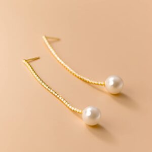 SLUYNZ 925 Sterling Silver Pearl Dangle Earrings Chain for Women Long CZ Dangling Earrings Pearl Drop (B-Gold Plated)