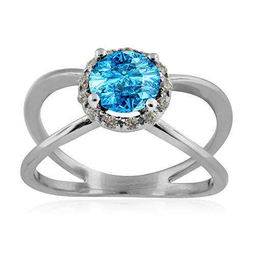 AoneJewelry 0.85 Carat 6MM Round Blue Topaz And Diamond Ring In 10K Solid Rose, White & Yellow Gold, Best Valentinesday Gift