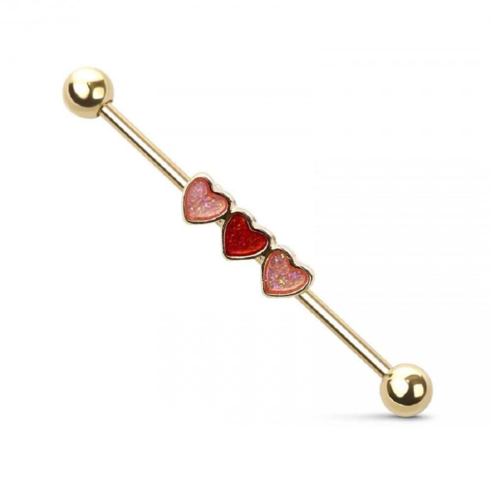 Pierced Owl 14GA 316L Stainless Steel Triple Glitter Heart Industrial Barbell (Gold Tone)