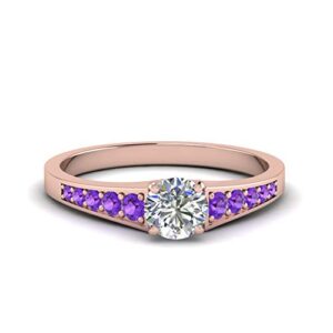 gemsonclick graduated diamond ring rose gold plated natural amethyst round shape purple color side stone engagement rings prong setting in size 9 party wear daily wear ornament