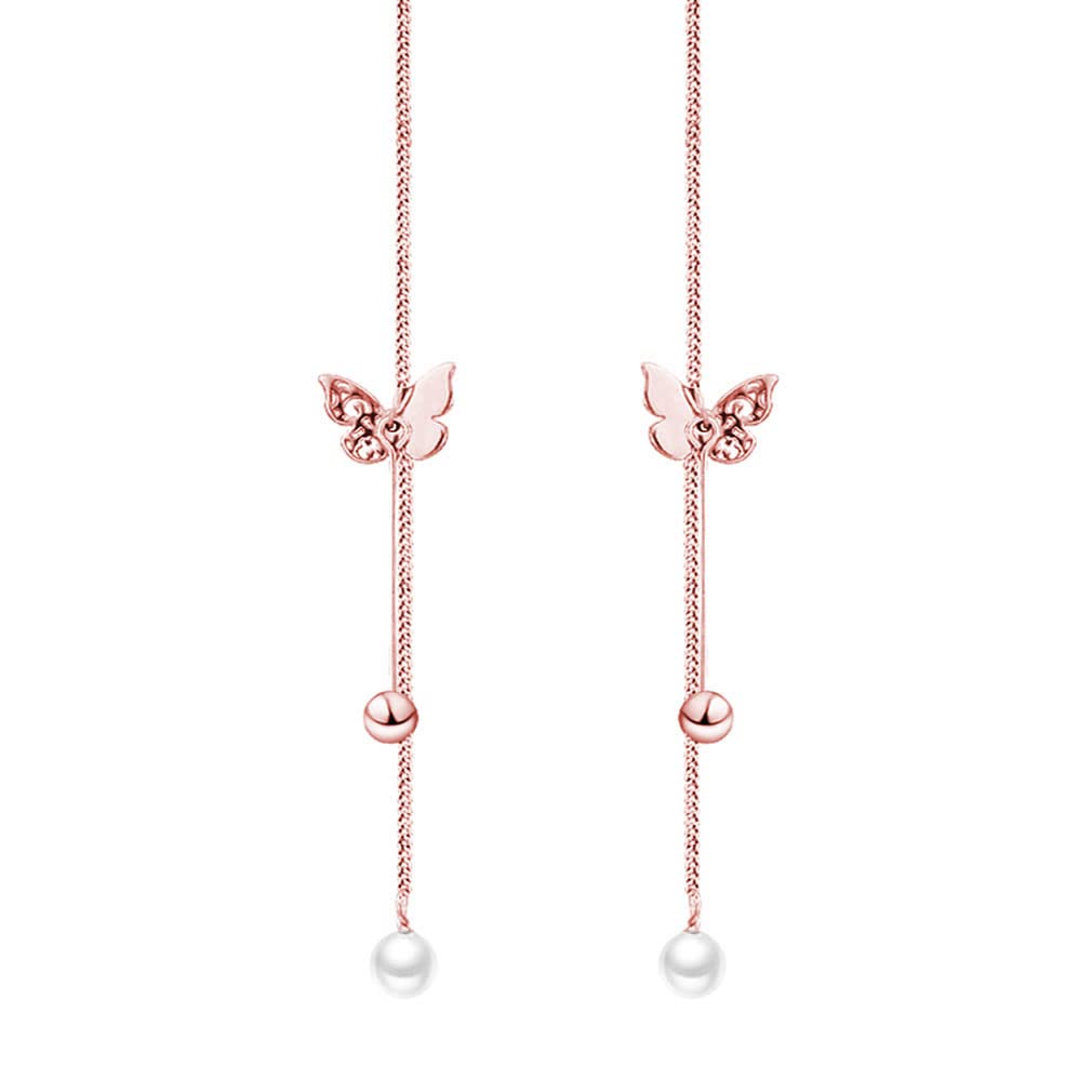 SLUYNZ Sterling Silver Butterfly Threader Earrings Dangle Chain for Women Teen Girls Pearl Long Dangle Earrings Tassel (C-Rose Gold)