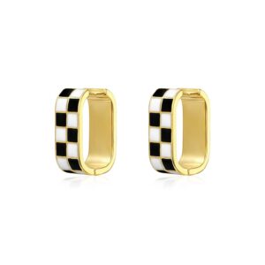 fashion checker chunky oval hoop earrings for women dainty 925 sterling silver post 14k gold plated huggie hoops white black enamel minimalist hooped hypoallergenic gift her christmas