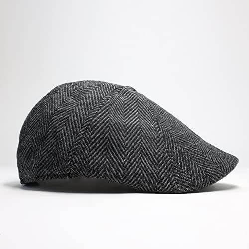 The Original Boston Scally Cap - The Peaky Newsboy Flat Cap - 8 Panel Cotton Fitted Hat for Men - Grey Herringbone