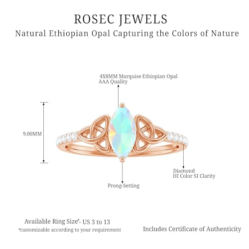 Natural Opal Diamond Celtic Knot Ring, AAA Quality, 4X8 MM Marquise Shape Opal Promise Ring - Ready To Gift, 14K Rose Gold, Size:US 7.00