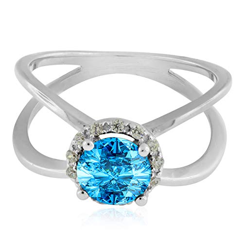 AoneJewelry 0.85 Carat 6MM Round Blue Topaz And Diamond Ring In 10K Solid Rose, White & Yellow Gold, Best Valentinesday Gift