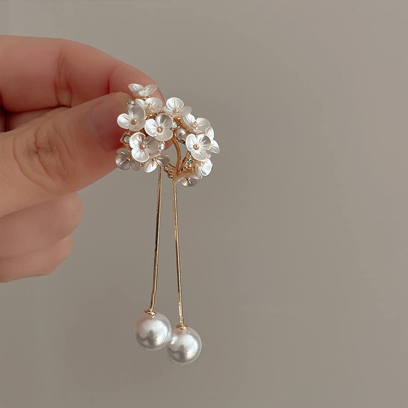 Cualque White Pearl Flower Drop Earrings 925 Sterling Silver Post Long Fringe Pearl Pendant Petal Stud Dangle Statement Earring for Women (Pearl Flower)