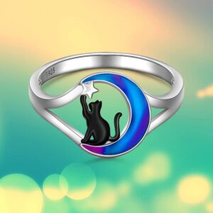 Black Cat Ring Sterling Silver Cat Rings for Women 925 Cute Animal Kitty On Moon White Gold Pet Remembrance Memorial Loss Jewelry Gifts Size 8