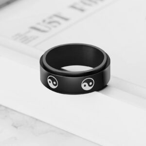 Rofusn Stainless Steel Yin Yang Spinner Ring for Men Women, Black Tai Chi Ring Promise Wedding Band Jewelry Gifts-Size 8