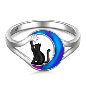 Black Cat Ring Sterling Silver Cat Rings for Women 925 Cute Animal Kitty On Moon White Gold Pet Remembrance Memorial Loss Jewelry Gifts Size 8