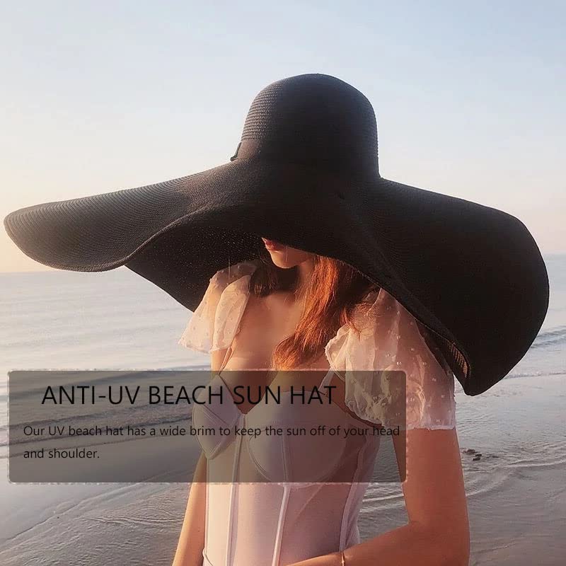 Oversized Beach Hat for Woman, Large Wide Brim Sun Hats, Floppy Foldable Giant Straw Hats for Women, Packable UV Protection Summer Hats for Ladies Black