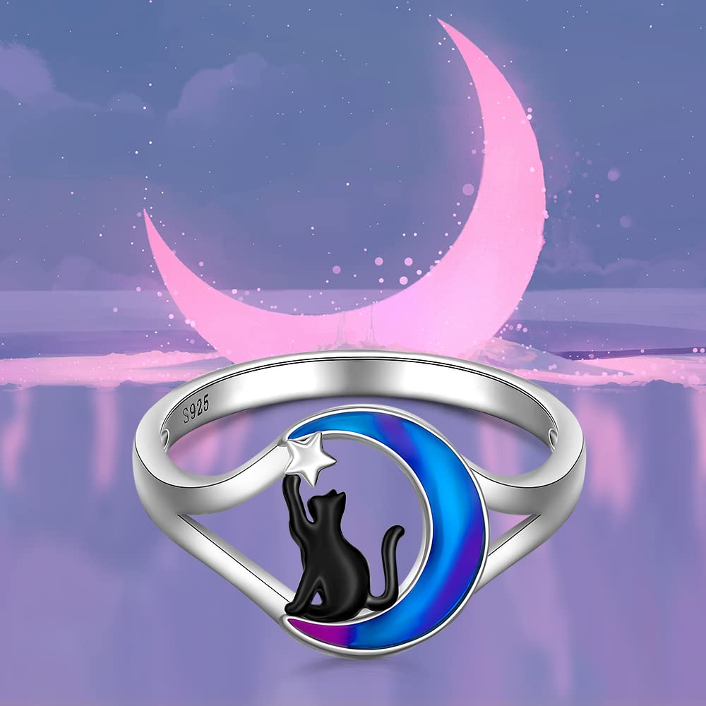 Black Cat Ring Sterling Silver Cat Rings for Women 925 Cute Animal Kitty On Moon White Gold Pet Remembrance Memorial Loss Jewelry Gifts Size 8