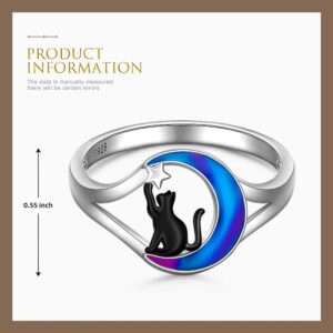 Black Cat Ring Sterling Silver Cat Rings for Women 925 Cute Animal Kitty On Moon White Gold Pet Remembrance Memorial Loss Jewelry Gifts Size 8