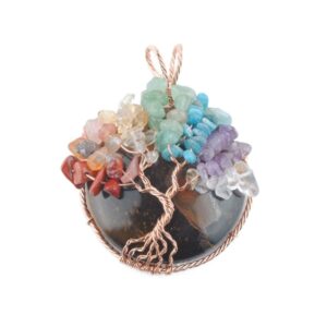 沃佳尔WOJIAER WOJIAER Women Natural Cabochon Stone Tree of Life Pendant Rose Gold Wire Wrap 7 Chakra Chip Bead BO902 (Tiger s Eye O9020)