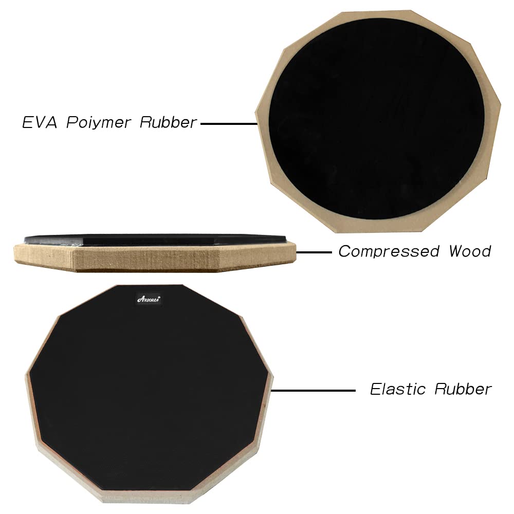 Arborea 12 Inch Drum Pad Rubber Practice Pad Dumb Drum with 5A Hickory Drum Sticks & Storage Bag Black Practice Drum Pad (Black)